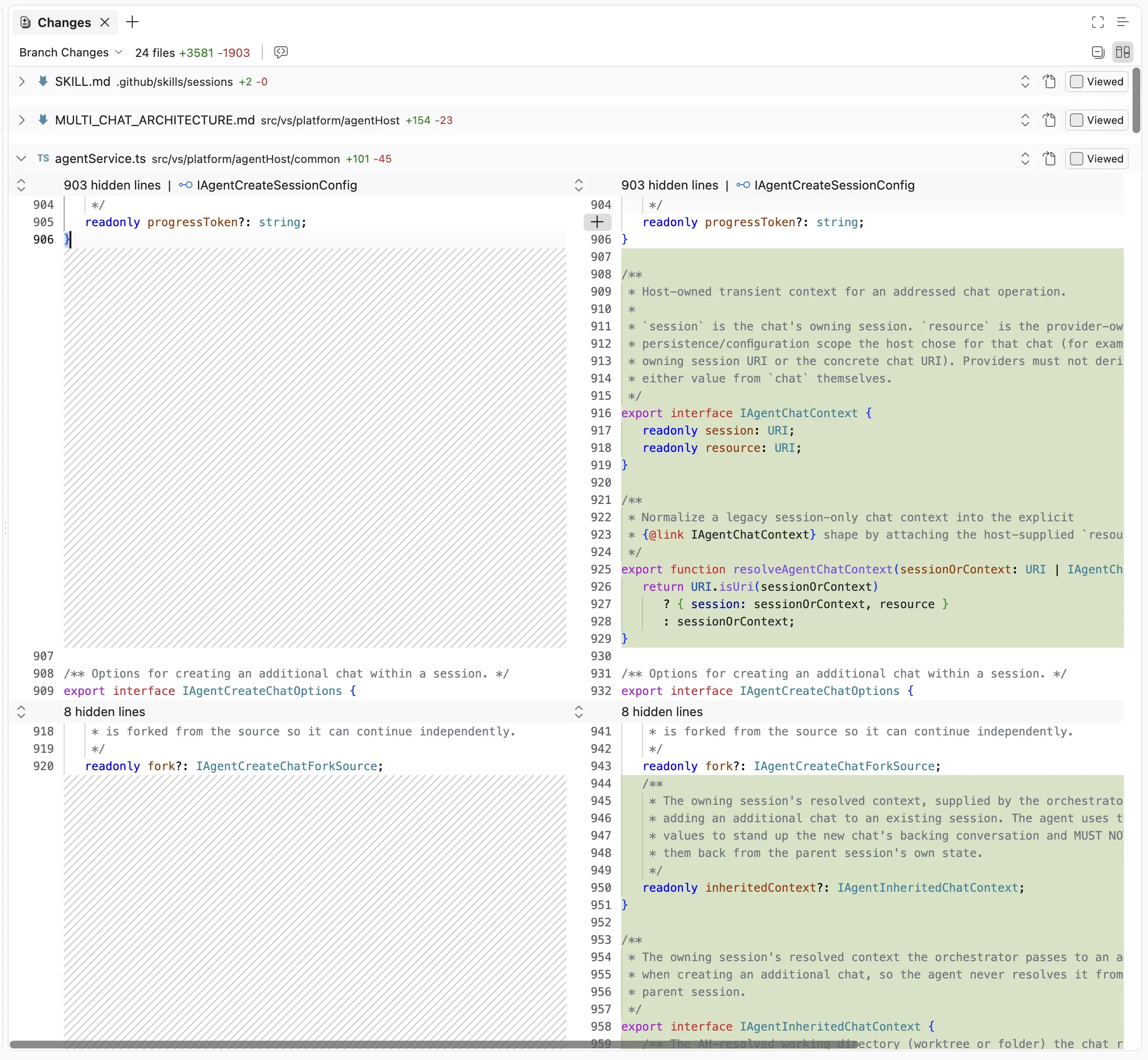 Screenshot showing file-level diff statistics and compact, aligned gutters in the multi-file diff view.