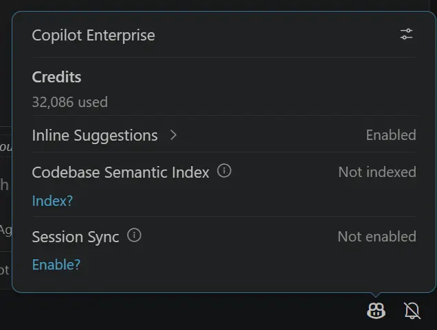 Screenshot showing the Copilot status menu displaying aggregate credit usage for a Copilot Enterprise user.