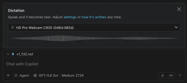 Screenshot showing the Dictation introduction with microphone selection and a live audio waveform.