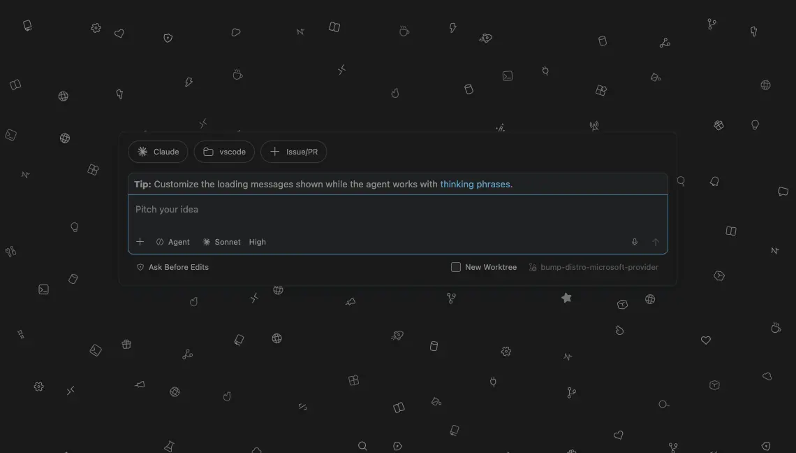 Screenshot showing the Codicons pattern behind the new session input in the Agents window.