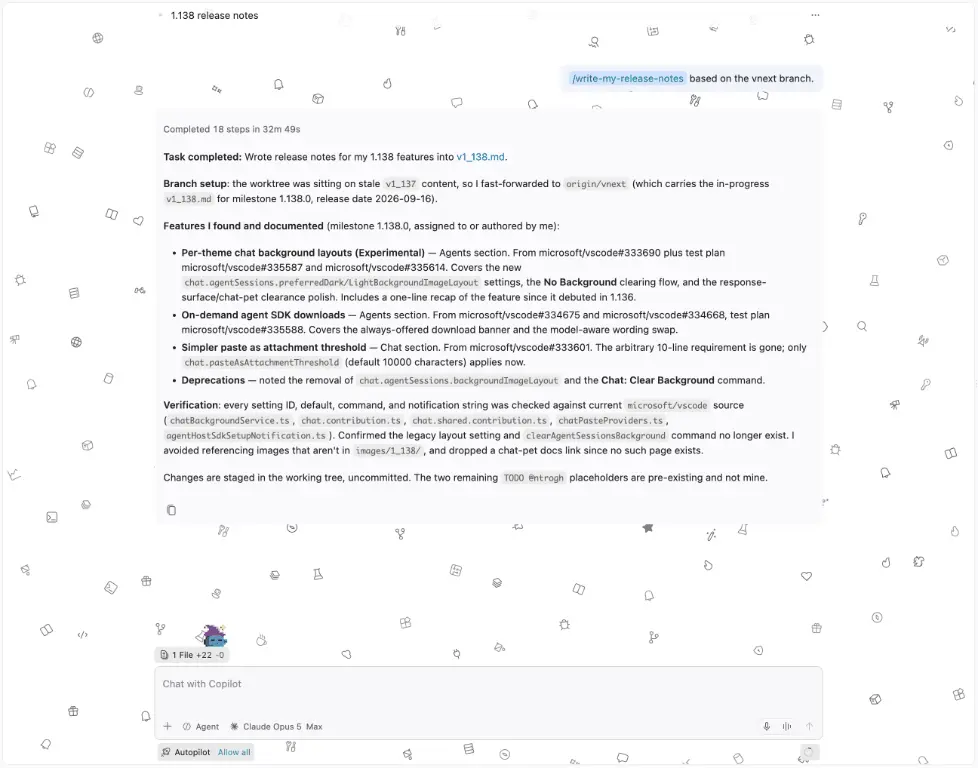 Screenshot showing the Codicons pattern used as the chat background in the Agents window, with the agent response staying readable on top of it.