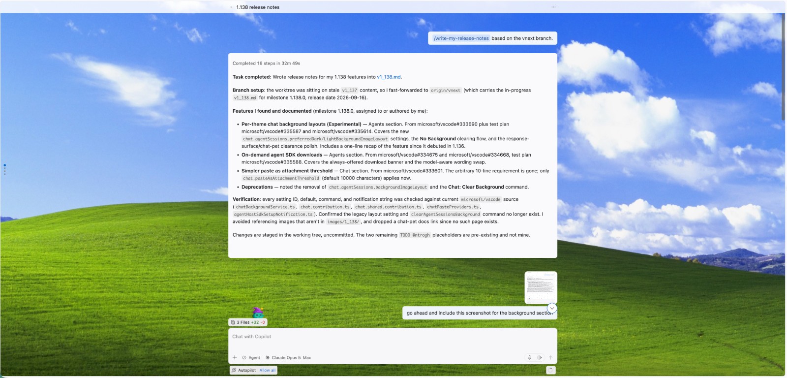 Screenshot showing a custom photo used as the chat background in the Agents window, with an agent response remaining readable as an opaque bubble on top of it.