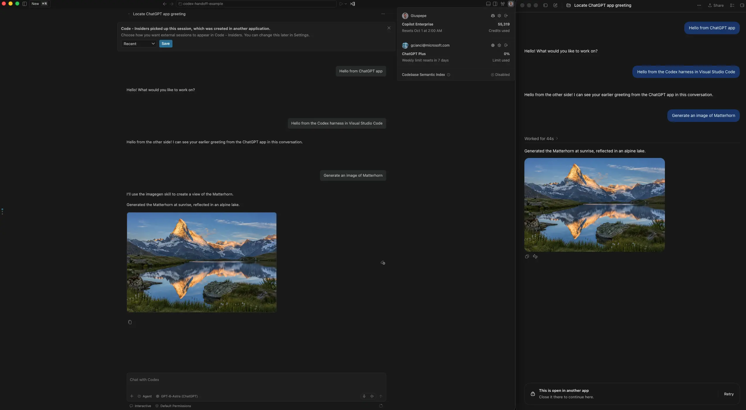 Screenshot showing a Codex session handed off from the ChatGPT app to VS Code and generating an image.