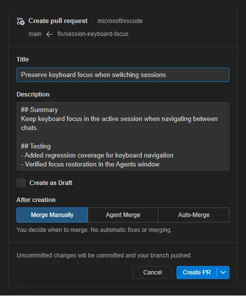 Screenshot showing the Create PR form with editable title and description, draft and merge options, and a split button for creating the pull request.
