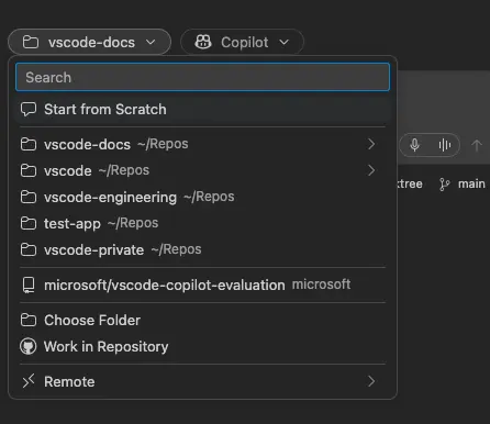 Screenshot showing the unified workspace picker with local folders, repositories, and remote options.