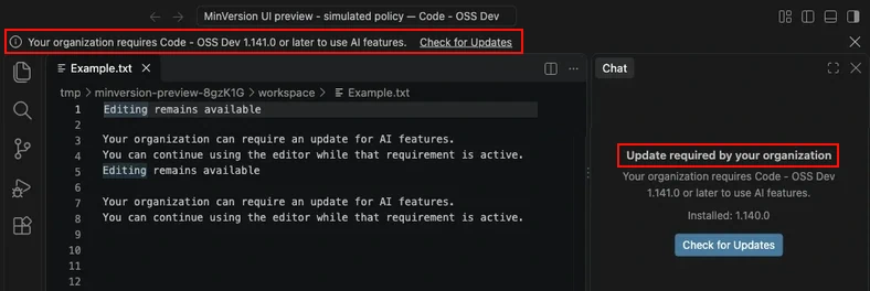 Screenshot of the editor window with a banner and a Chat notice that explain that the organization requires a newer version to use AI features.