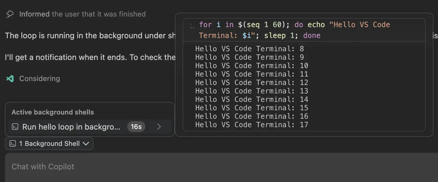 Screenshot showing the Background Shells pill with a running shell's output streaming in its details.
