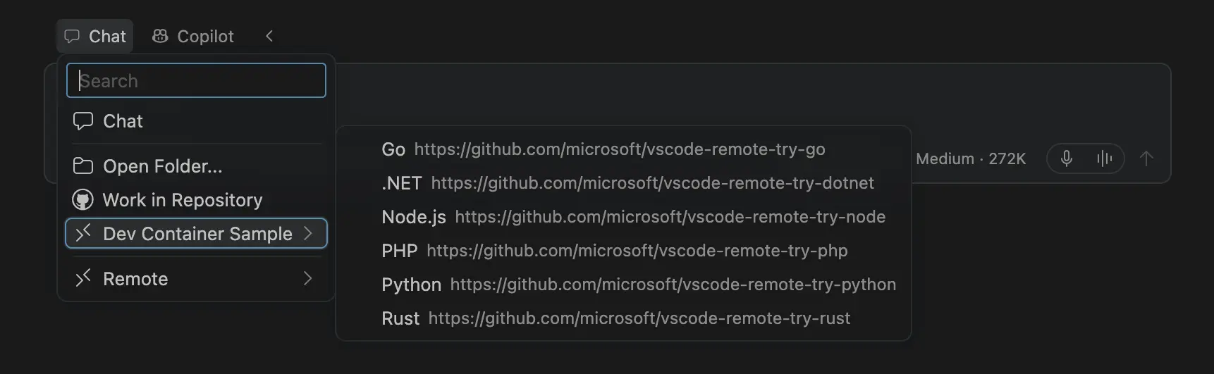 Screenshot showing the Dev Container Sample submenu in the Agents window with samples for Go, .NET, Node.js, PHP, Python, and Rust.