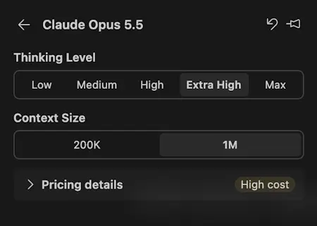 Screenshot showing the model details view in the model picker, with options to select the thinking level and context size.