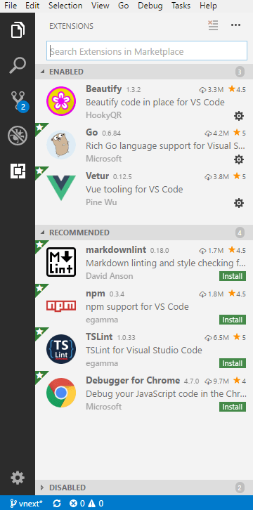 Default Extensions View