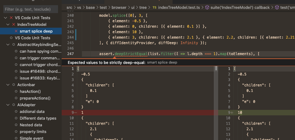 Screenshot of a failed test with a diff peek view open showing the difference between actual and expected values.