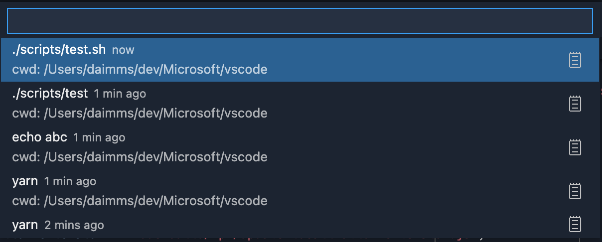 Recent commands are displayed in a Quick Pick, including information about current working directory and how long ago they were run