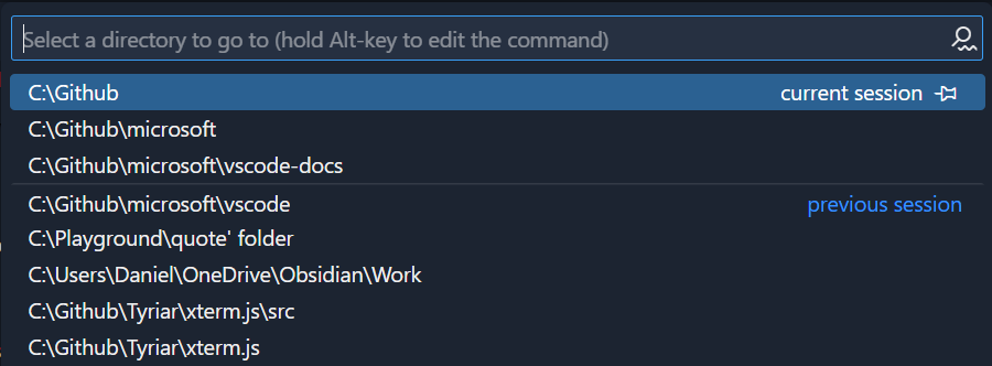 Directories are presented in a Quick Pick, split up by the current and previous sessions.