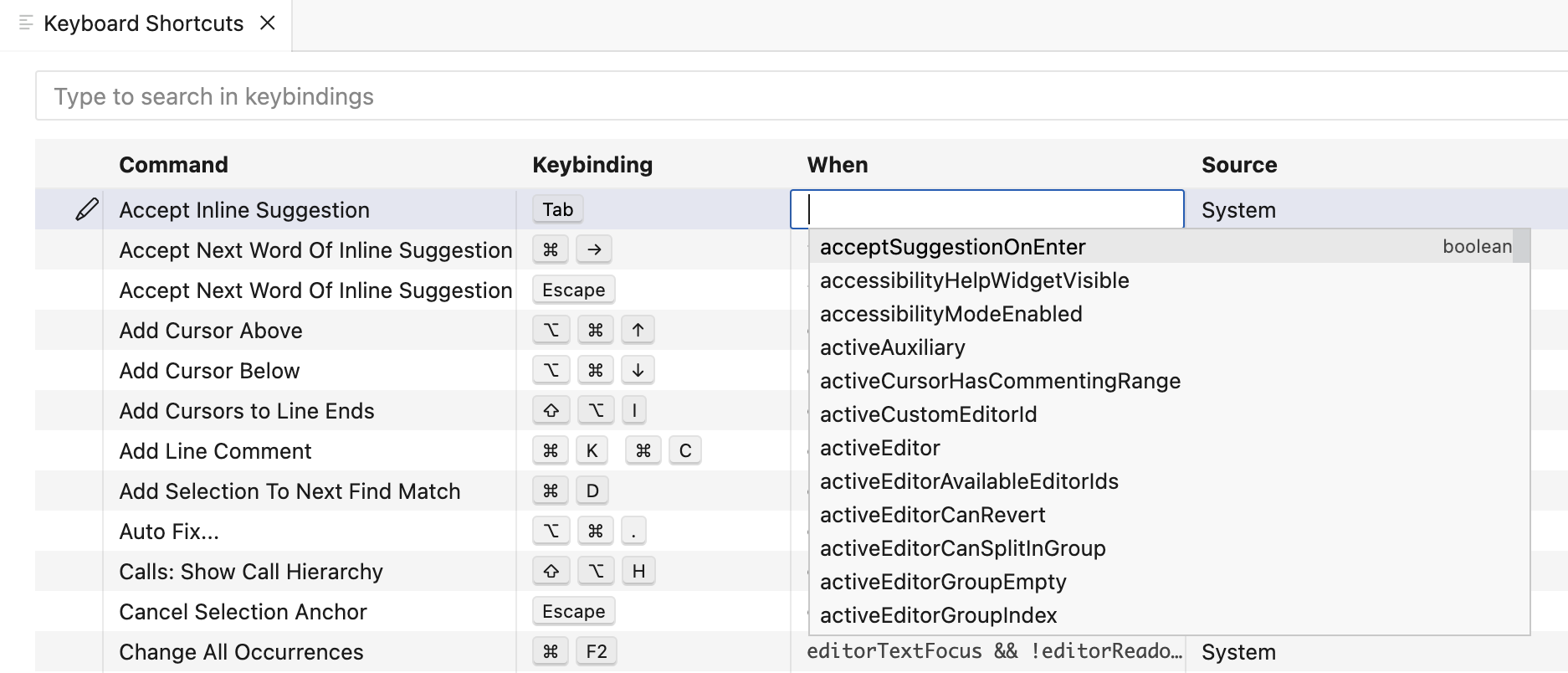 Context key suggestions for when clause property