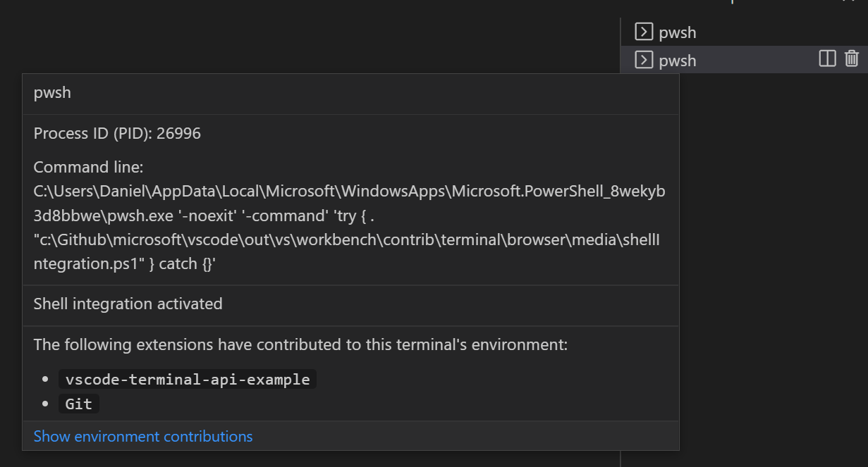 Hovering the terminal tab will reveal details about the terminal, this can be triggered with the keyboard via Ctrl/Cmd+K, Ctrl/Cmd+I