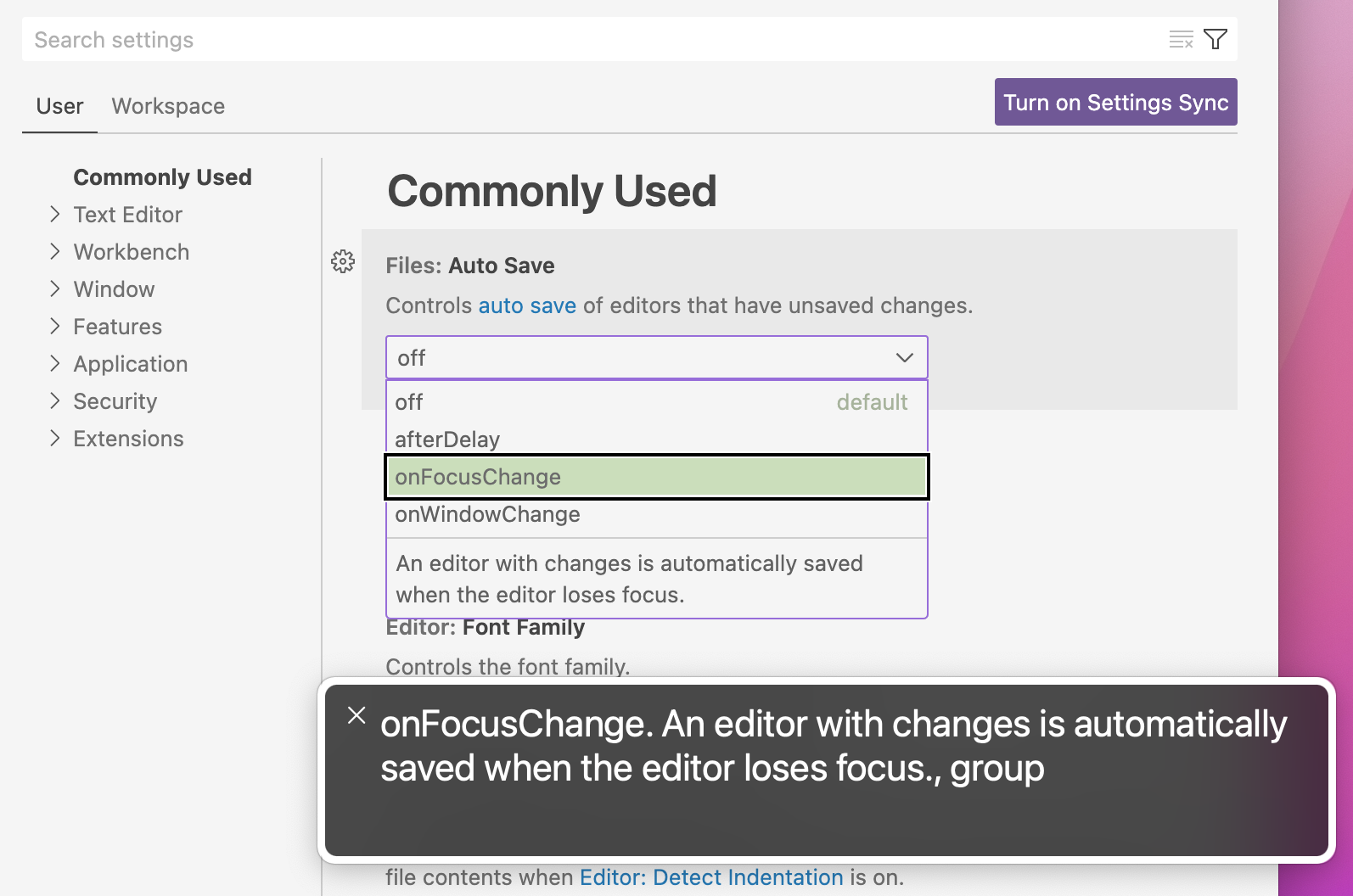 onFocusChange option description of files.autoSave setting being displayed by VoiceOver's high-contrast textbox on macOS