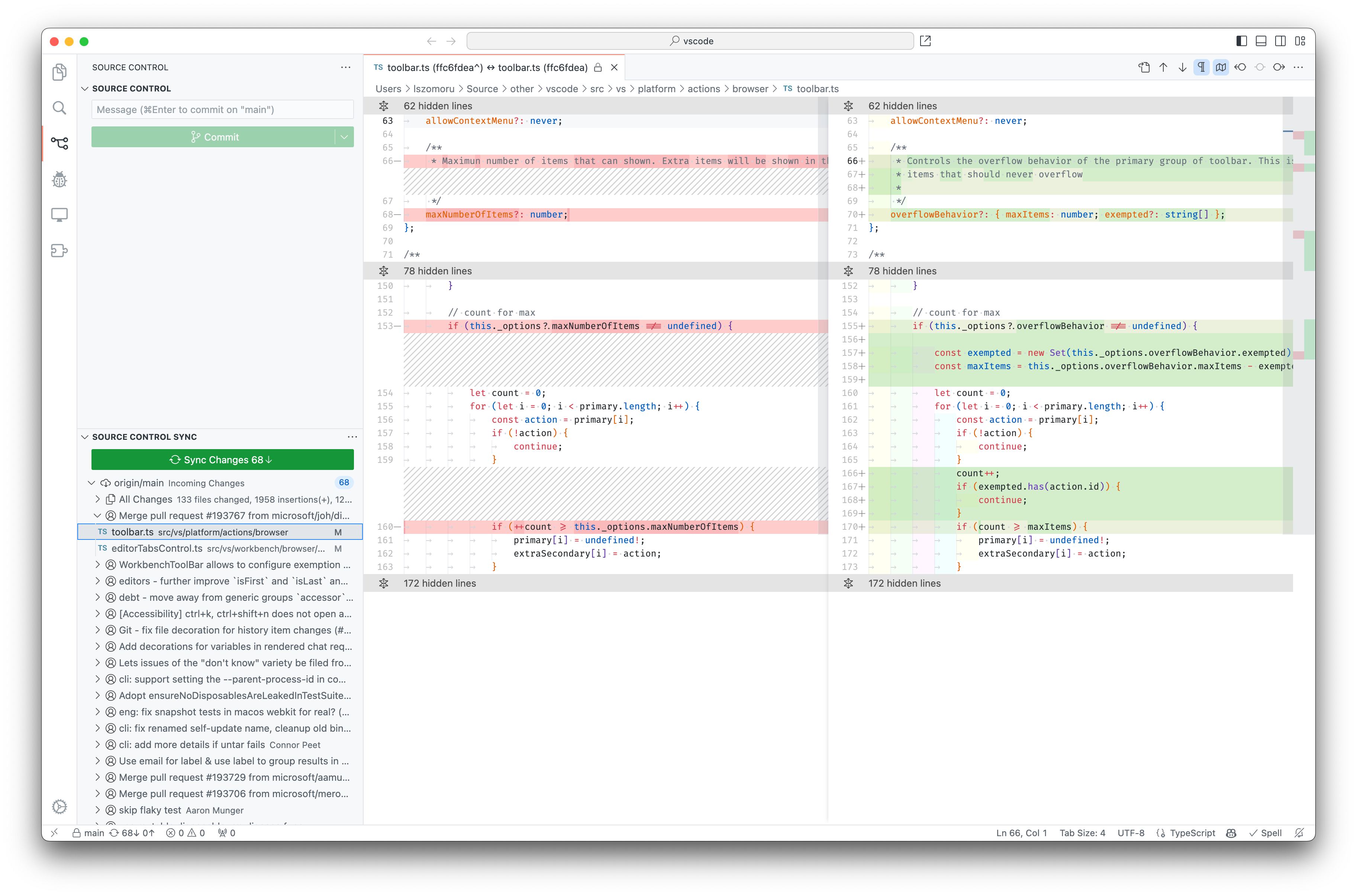 Source Control Sync view showing a diff view of an incoming change