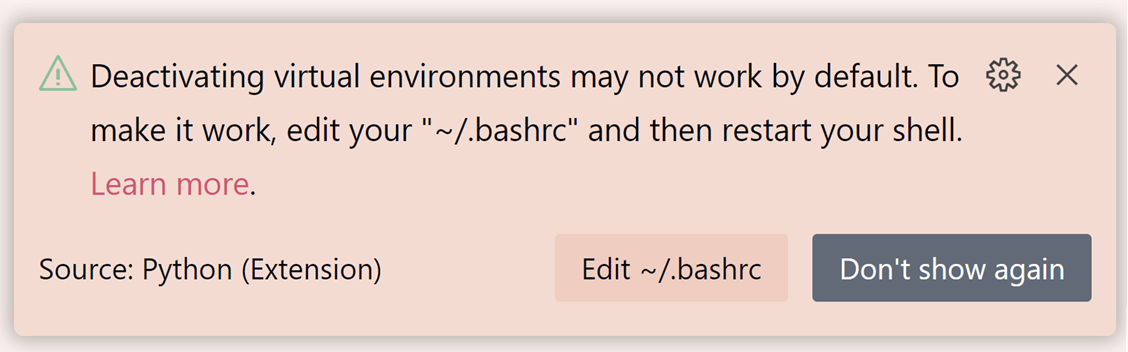 Notification stating that the deactivate command is not working and offering a button to open the shell profile file