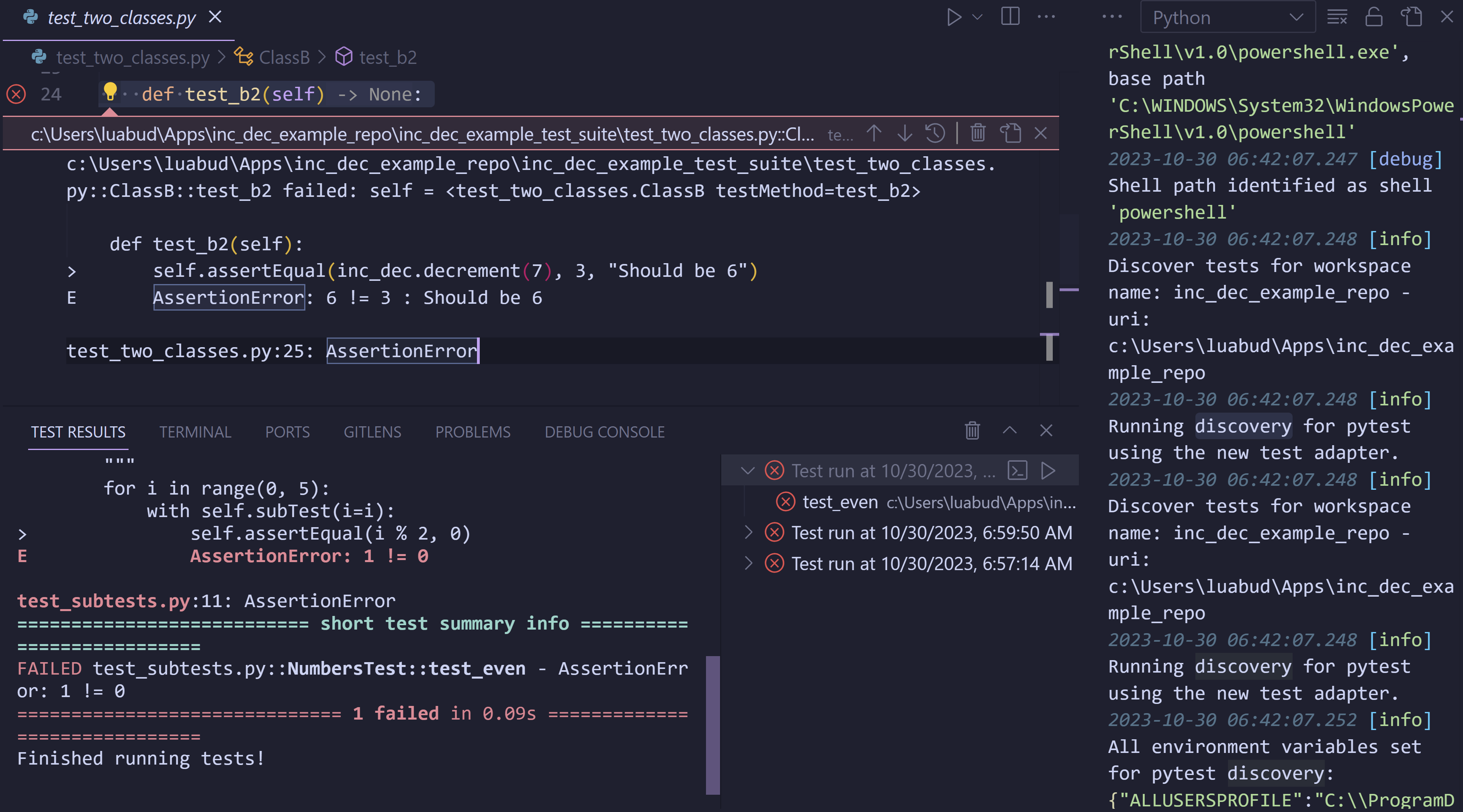 Test execution output displayed in Test Results panel with colors, while test discovery output is displayed in the Python output channel