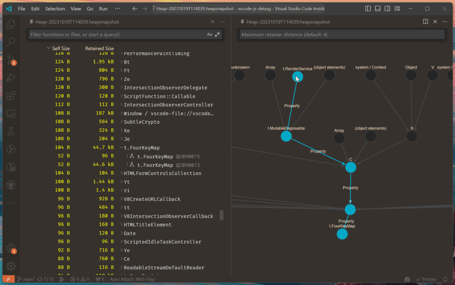 Graphical view of a heap snapshot showing references to a specific memory object