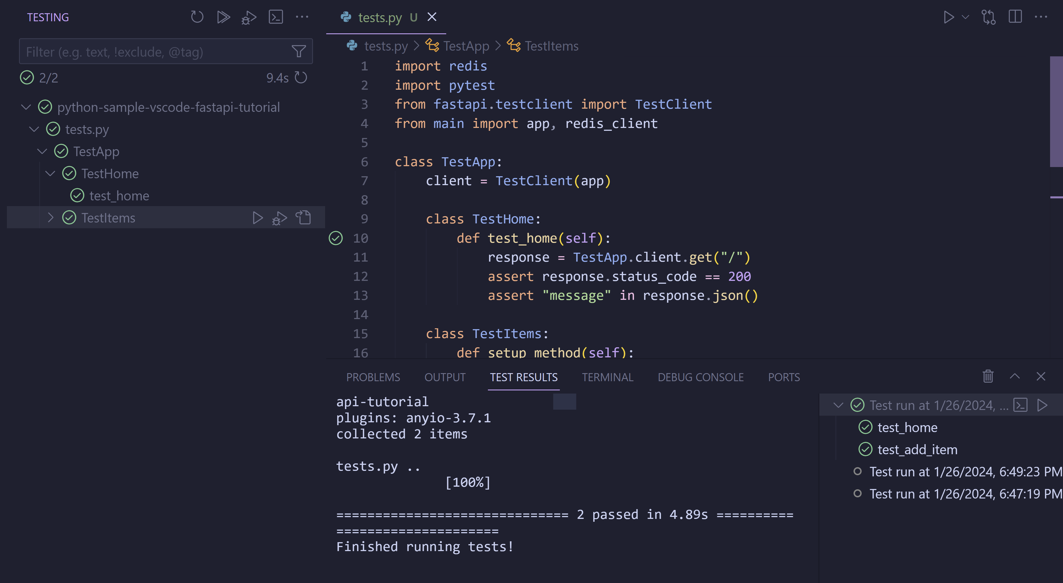 Multi-level pytest classes displayed in the Test Explorer.