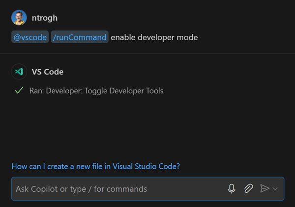 Toggle Developer Tools with the /runCommand slash command in Copilot Chat.