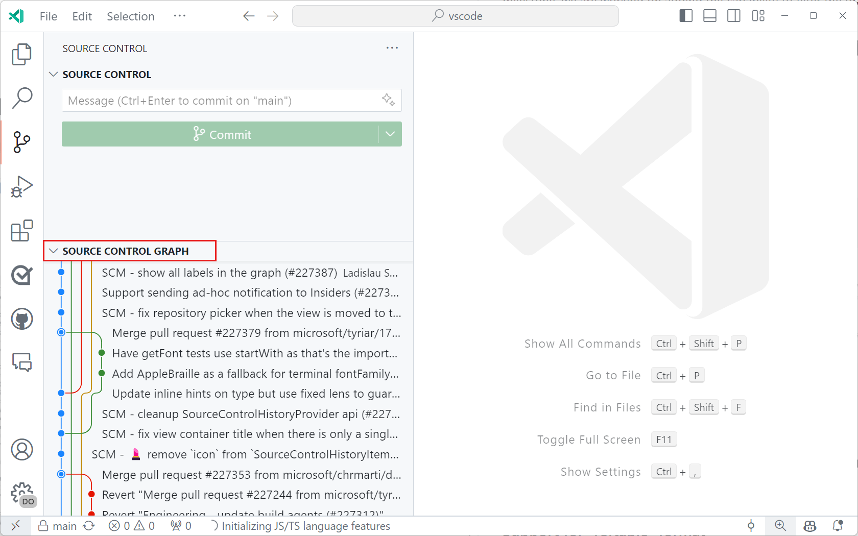 Source Control Graph view showing a graph visualization of the repository.