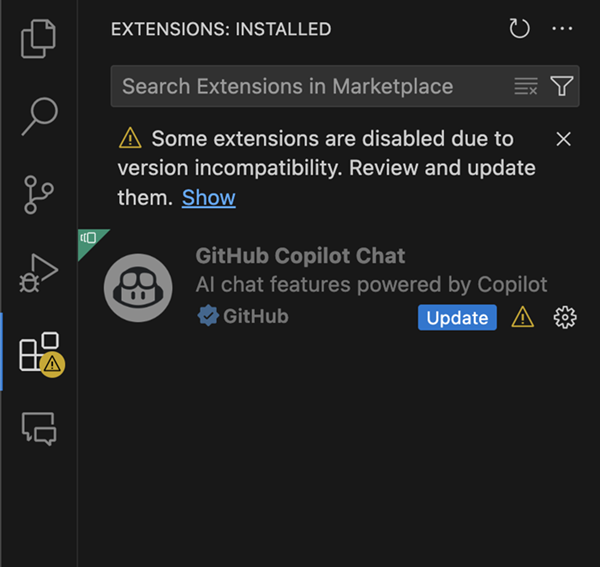 Extensions view shows a warning badge and description about the warning.