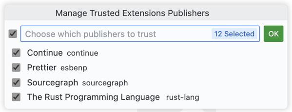 Screenshot that shows the Quick Pick list of trusted publishers, enabling unchecking publishers to make them untrusted.