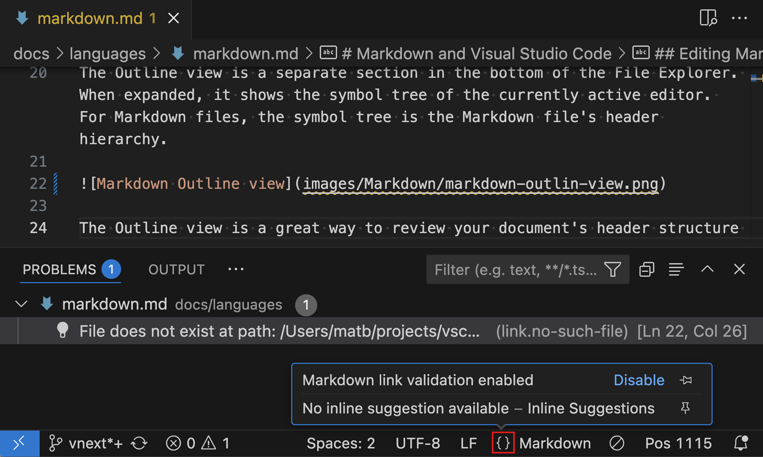 Screenshot that shows the Markdown link validation language status item.