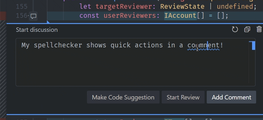 Screenshot that shows Quick actions in the Comments editor.