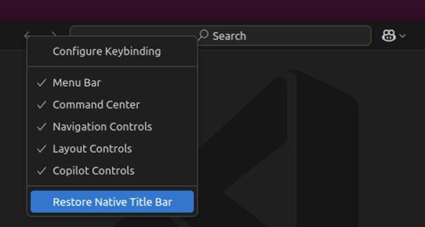 Screenshot that shows the content menu option to disable the custom title bar on Linux.