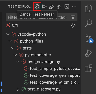 Screenshot that shows the Test Explorer, highlighting the Cancel button to cancel the test discovery.